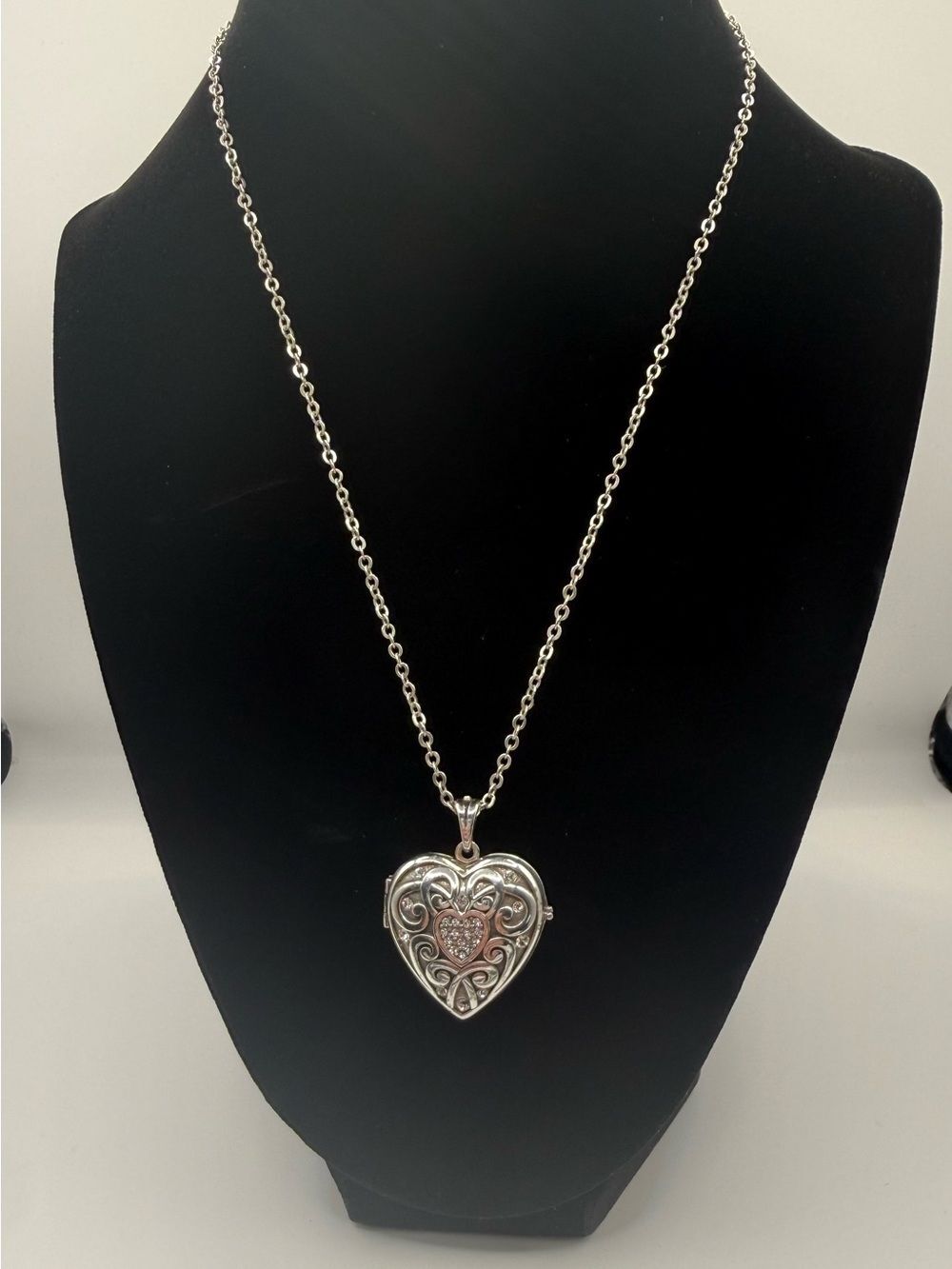 Brighton Crystal Heart Locket Necklace Silver Tone Photo Locket